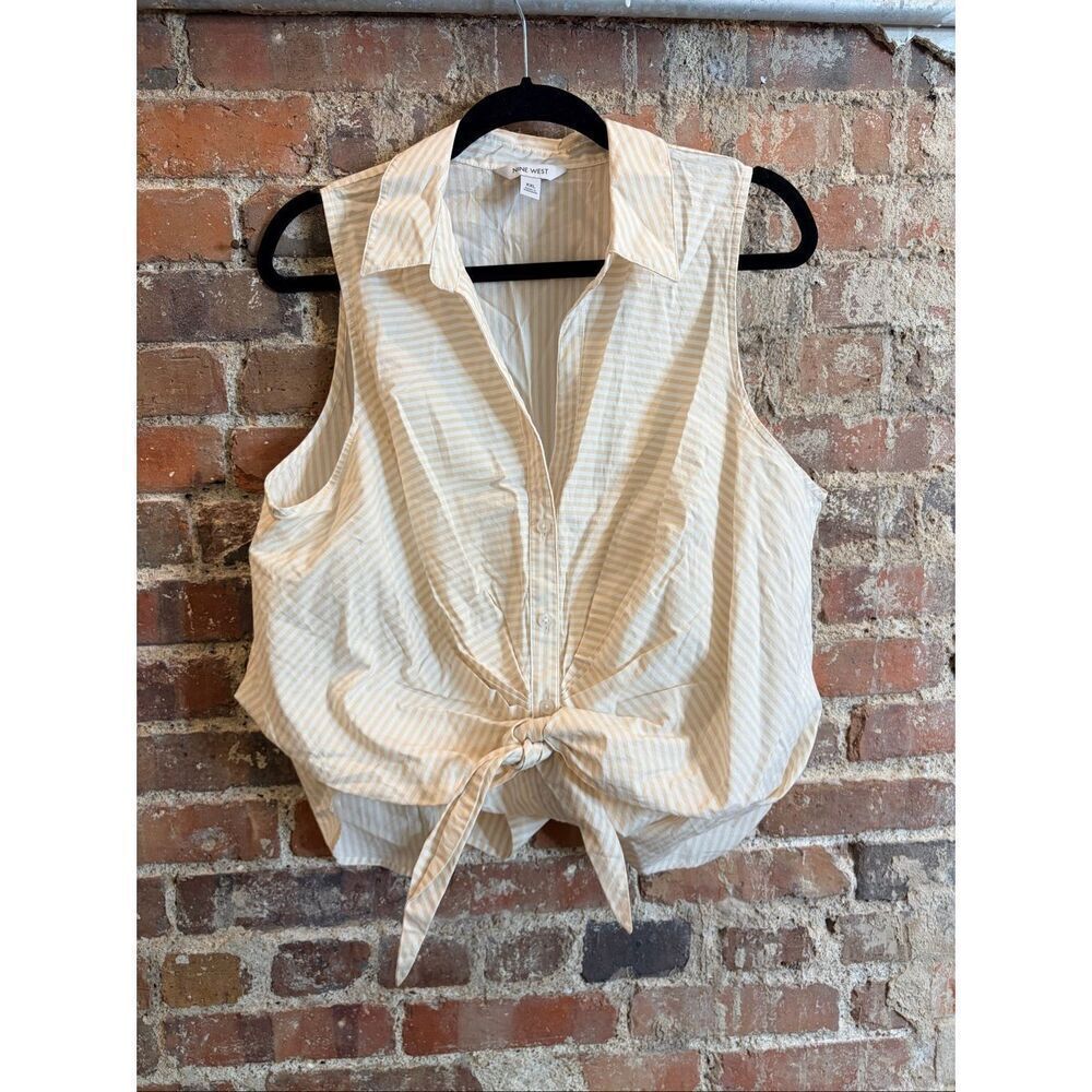 NINE WEST • Tan/Cream Striped Sleeveless Button Up Knot Tied Tuck-in Top • Ladie
